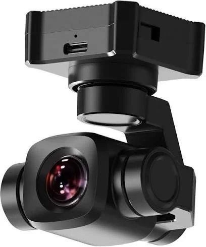 SIYI A8 mini üç eksenli gimbal kamera ünitesi; lensi ve stabilize beşiği önden görünüyor.