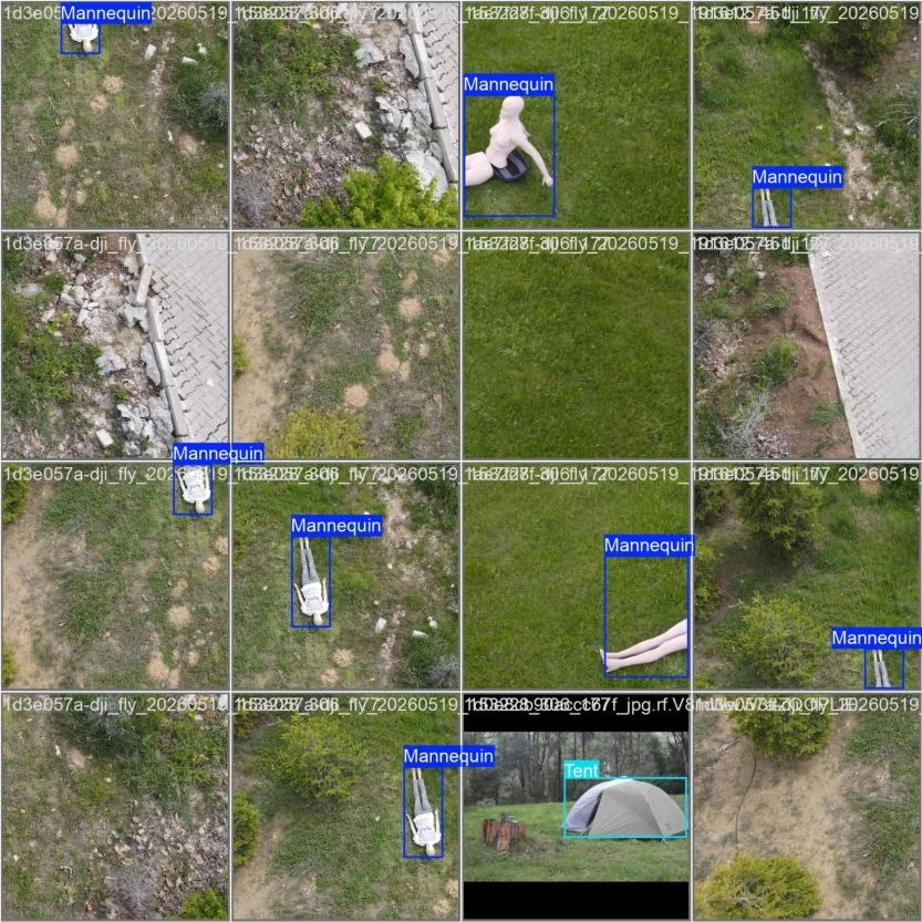 Gerçek drone görüntülerinden etiketli eğitim karolarının oluşturduğu bir tabaka: manken ve çadırların çevresinde sınırlayıcı kutular, hiç kutu içermeyen bazı karolar ve yalnızca bir çift bacağı çevreleyen kutular.