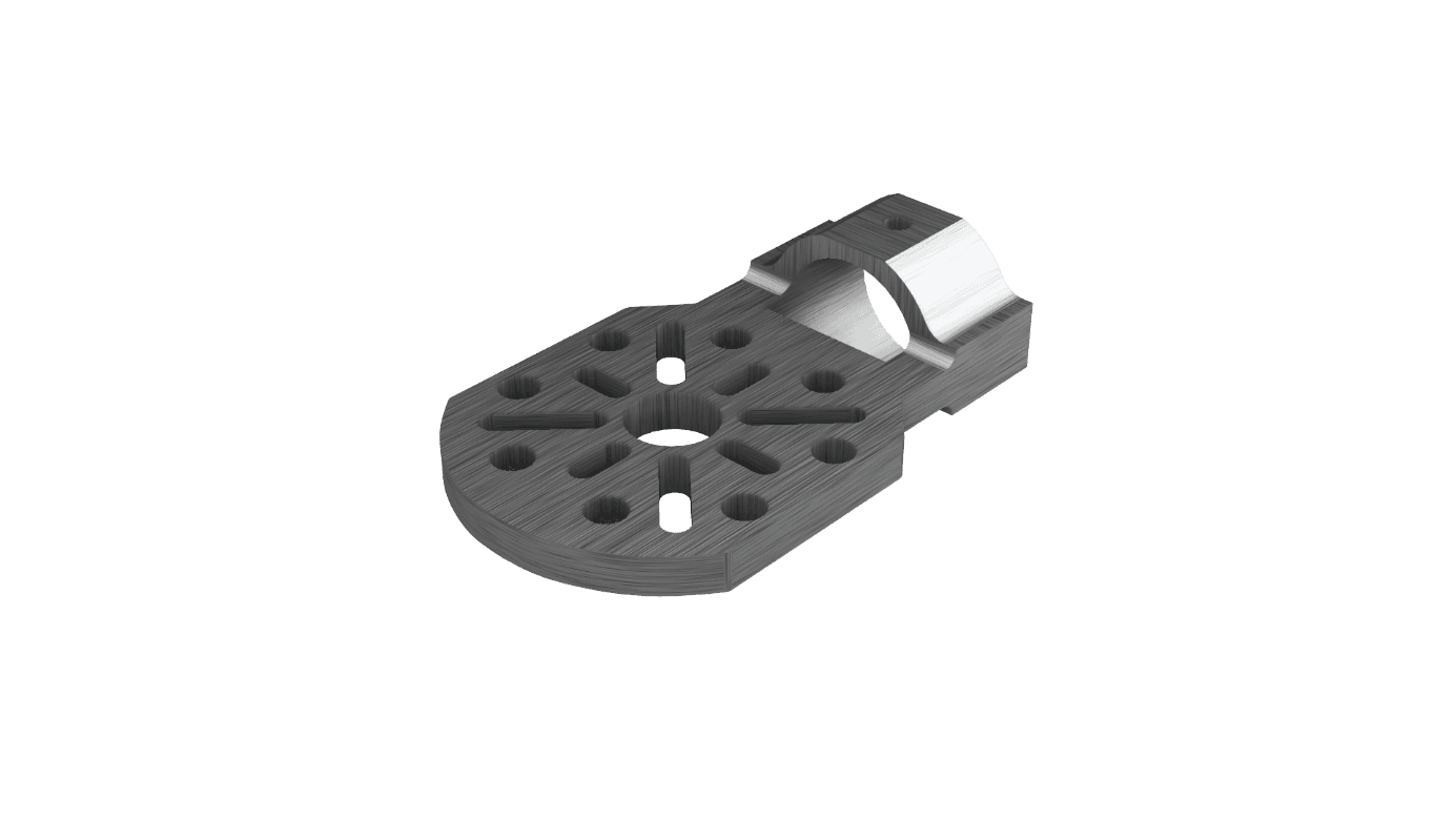 The in-house CNC motor mount, shown as a CAD model. The bolt pattern and the lightening holes sit on the circular face; the semicircular saddle on the right is the press-fit interface to the 20 mm carbon boom.