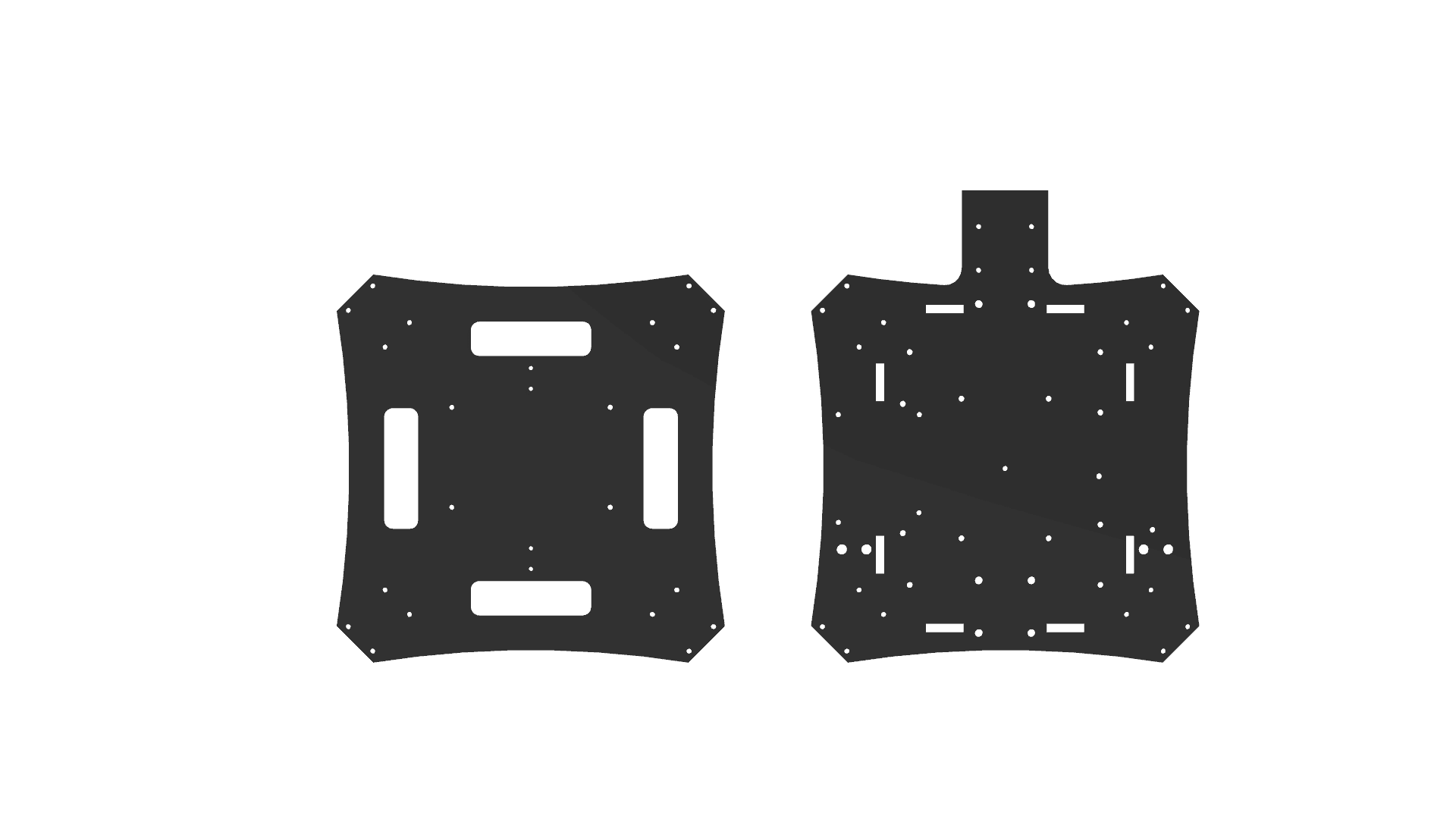 The top and bottom chassis plate profiles, from the CAD model. What to look at is how much laminate the slot pattern removes, and that the two plates are not identical.
